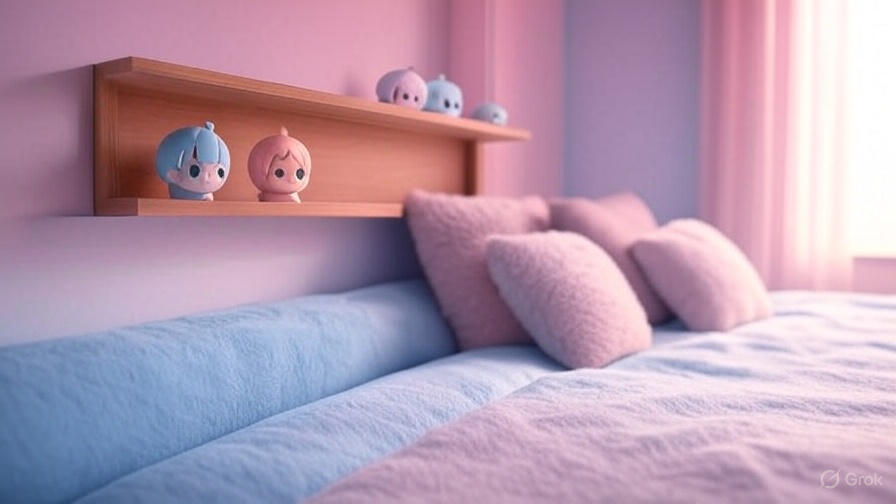 Minimalist bedroom with Bang Dream chibi figures on a shelf, soft lighting, and cozy bed for sleep sanctuary.