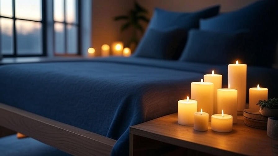 Serene bedroom with meditation candles glowing softly on a nightstand and bed.