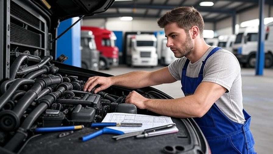 Mechanic inspecting box truck engine in garage.