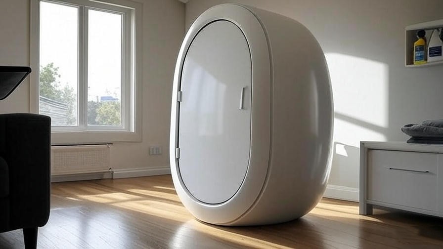 Clean meditation pod in a home with cleaning supplies for maintenance.