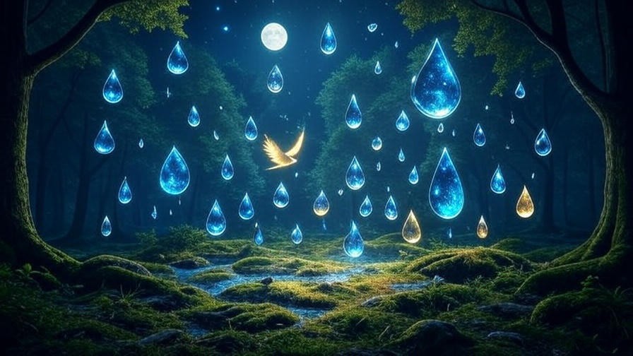 Glowing dream symbols like water and birds floating in a moonlit forest, representing dream enhancement.