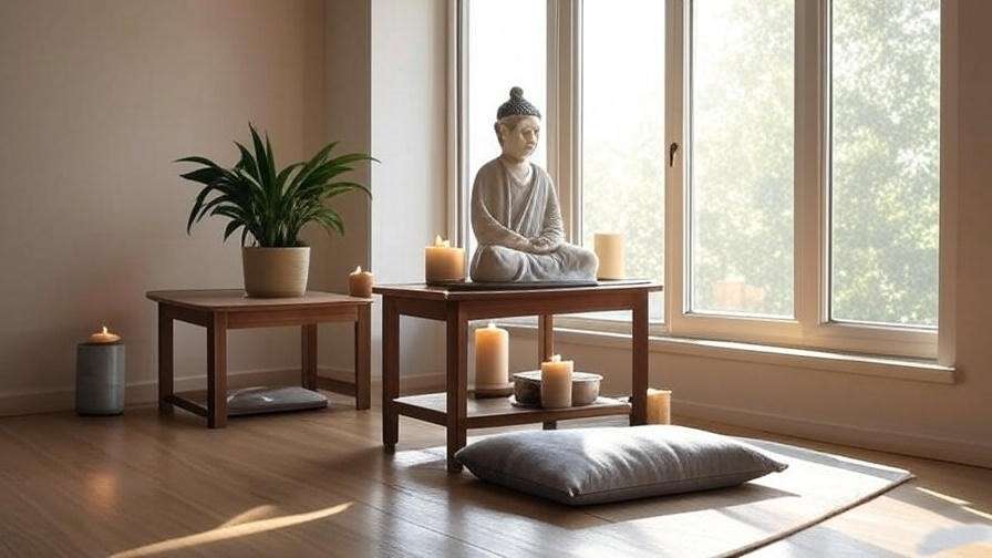 Meditation space with a meditating Buddha figurine, candles, and plant by a window.