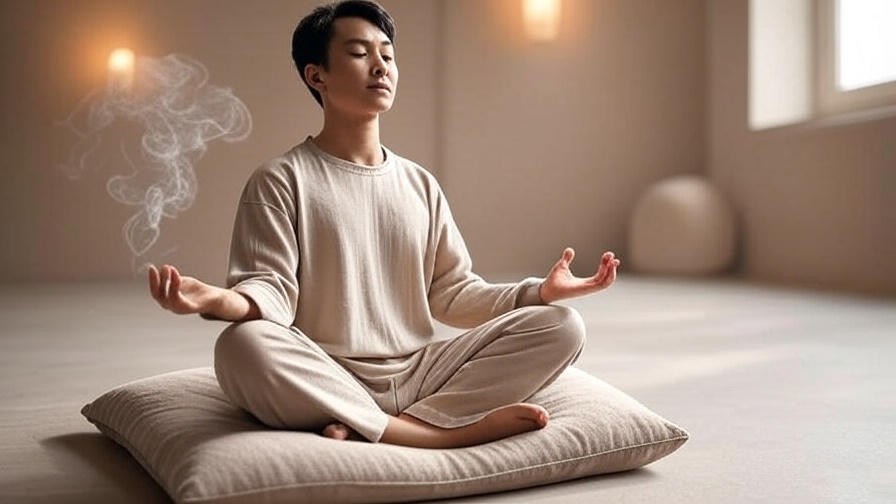 Person meditating on a cushion in a calm room with warm lighting and incense smoke.