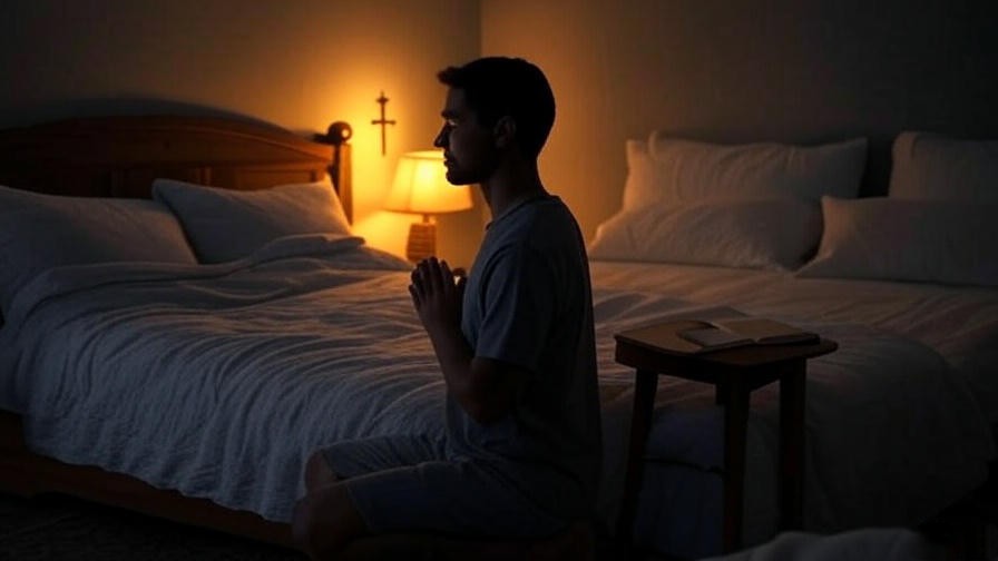 Person praying beside bed with Bible and cross in a peaceful bedroom at night