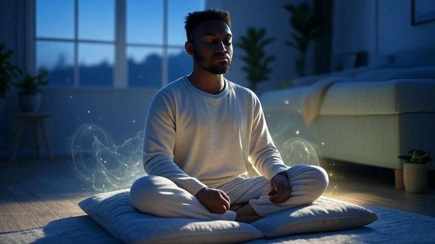 Person meditating to relieve stress in a calm room with night sky view.