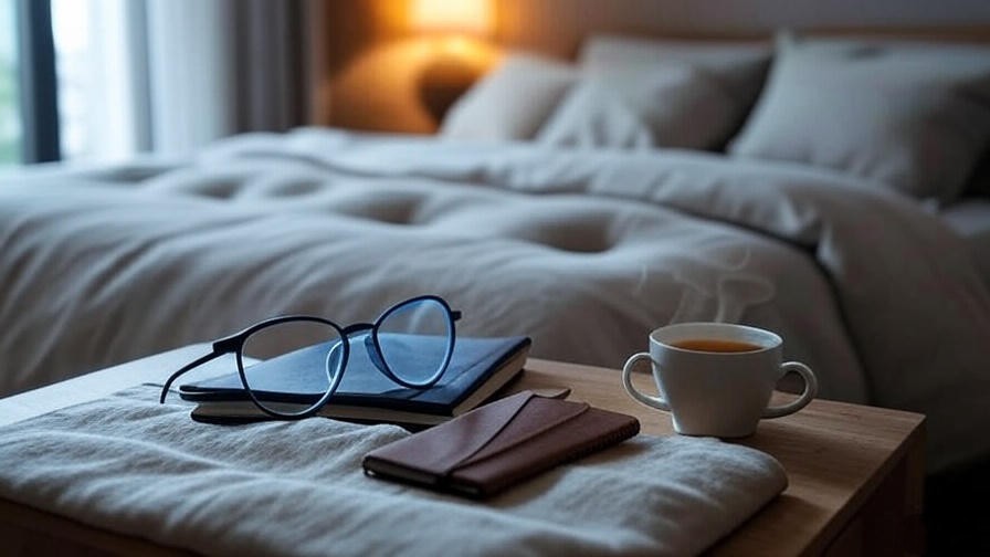 Dream Himax K2617 glasses on a nightstand with notebook and tea, promoting a sleep routine.