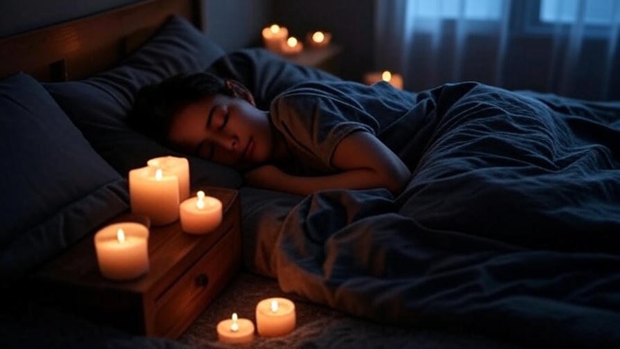 Person sleeping peacefully with meditation candles creating a serene bedroom.