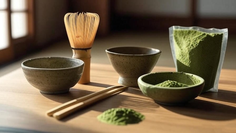 Matcha meditation tools including bamboo whisk and ceramic bowl on wooden table