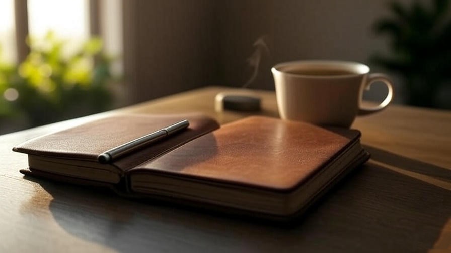 Open dream journal with pen on a wooden table promoting dream recording.