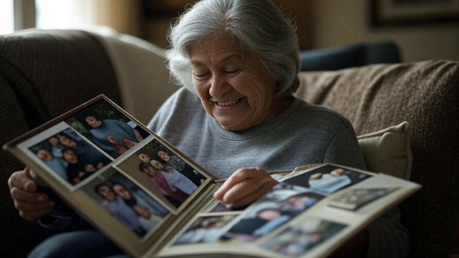 Older woman smiling while opening a scrapbook with family photos for her birthday.