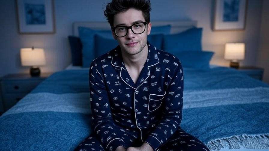 Tranquil bedroom with person in Sleeping With Sirens pajamas and blue throw blanket.
