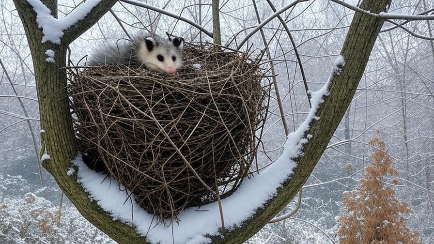 Possum in a leaf nest on a snowy tree branch in winter