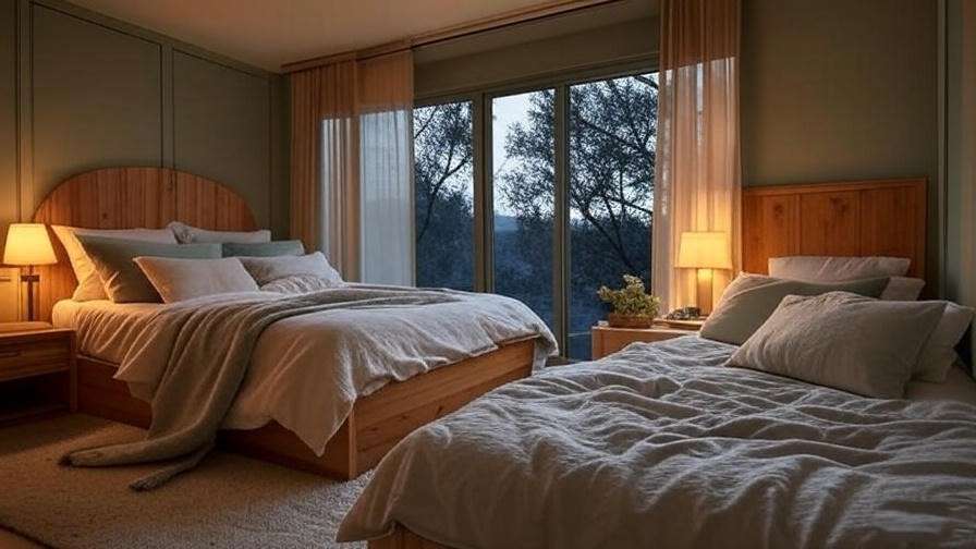 Cozy bedroom with soft lighting and natural textures in Sleeping Village Chicago style for better sleep.