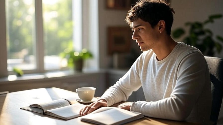 Person journaling in a sunlit room, representing a morning gratitude meditation routine.