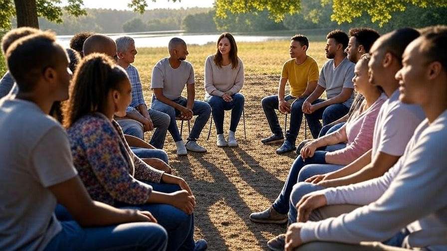 Group of couples in a workshop circle at a couples meditation retreat.