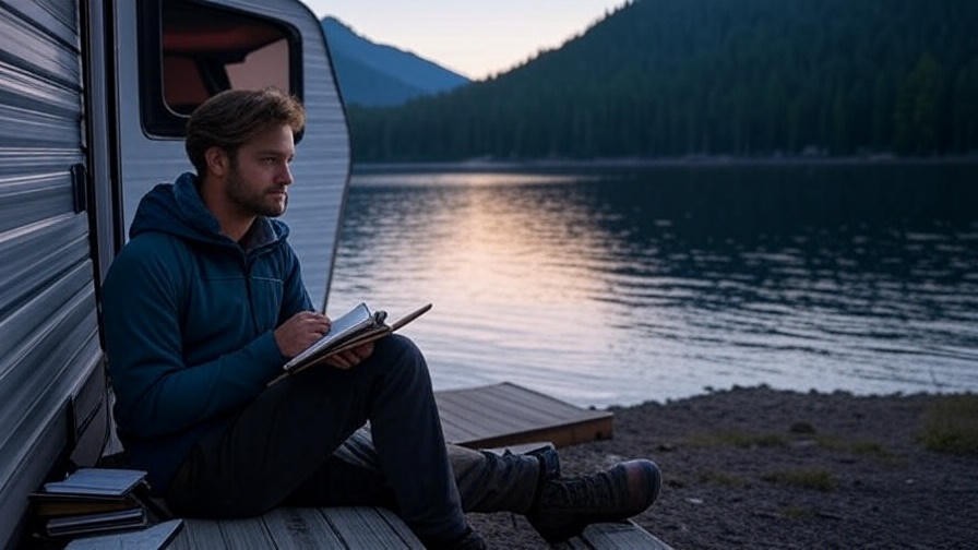 Camper journaling by the lakeside at Meditation Point Campground during sunset.