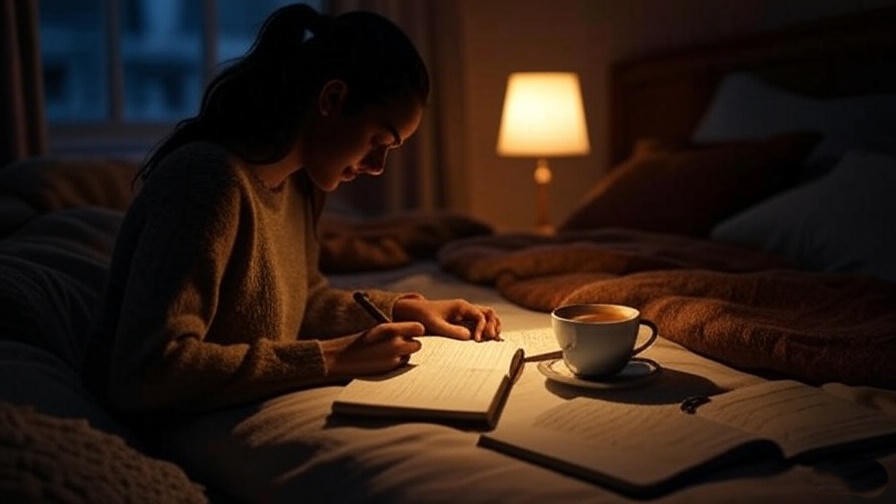 A person journaling by a bedside table with tea and a lamp, depicting a calming nightly routine.
