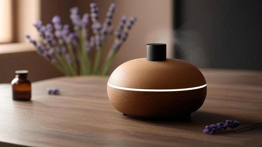 Aromatherapy diffuser with essential oils and lavender flowers on wooden table