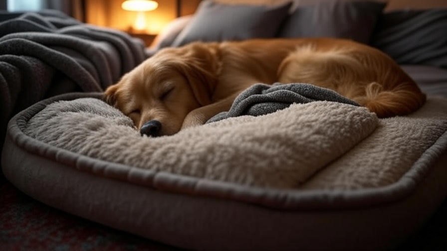 Golden retriever sleeping with bum facing outward in a cozy dog bed with blankets and temperature-regulating mat.
