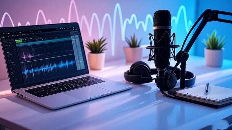 Clean desk with audio editing tools and musical soundwaves for meditation creation