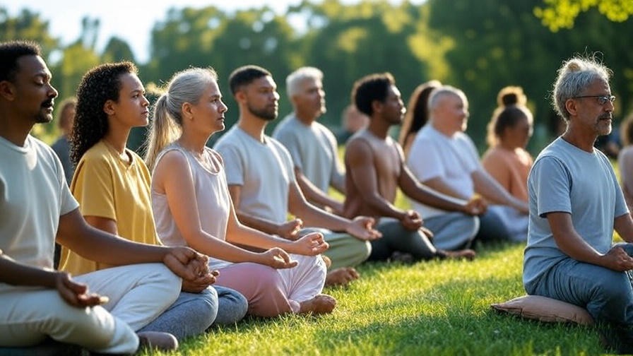 Diverse group meditating outdoors in a park for inclusive meditation benefits.