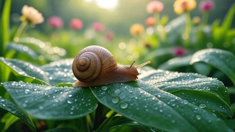 Garden snail resting on dewy leaf in daylight