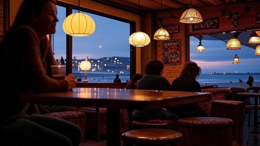Cozy interior of The Misfit Santa Monica with soft lighting and a twilight view, ideal for relaxation. 