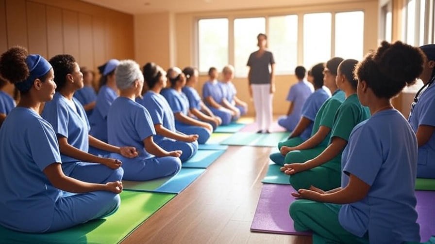 Group of nurses meditating together in a hospital wellness workshop.