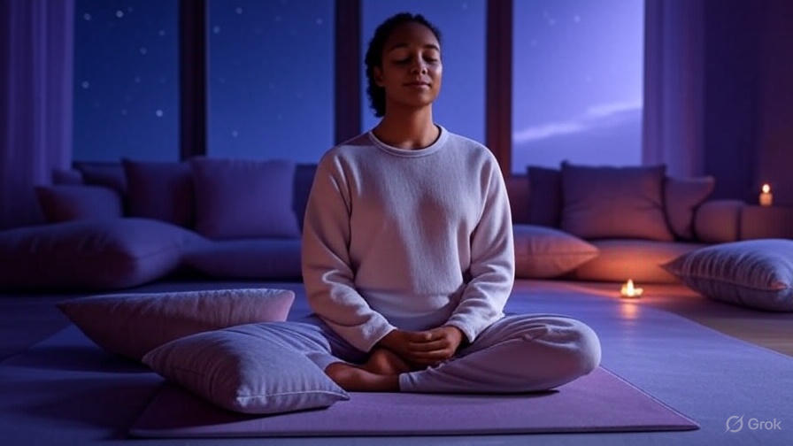 Person meditating indoors to improve sleep hygiene for sleep apnea management.