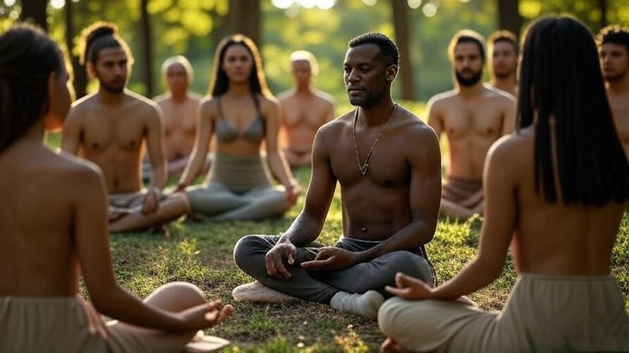 Expert leading naked meditation session at a naturist retreat