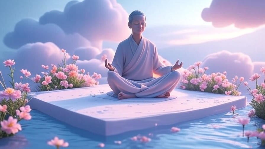 Meditating figure in a dreamscape representing emotional healing through lucid dreaming