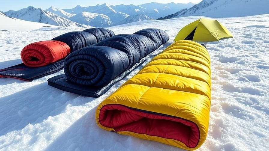 Comparison of three zero degree sleeping bags on snow with mountain backdrop