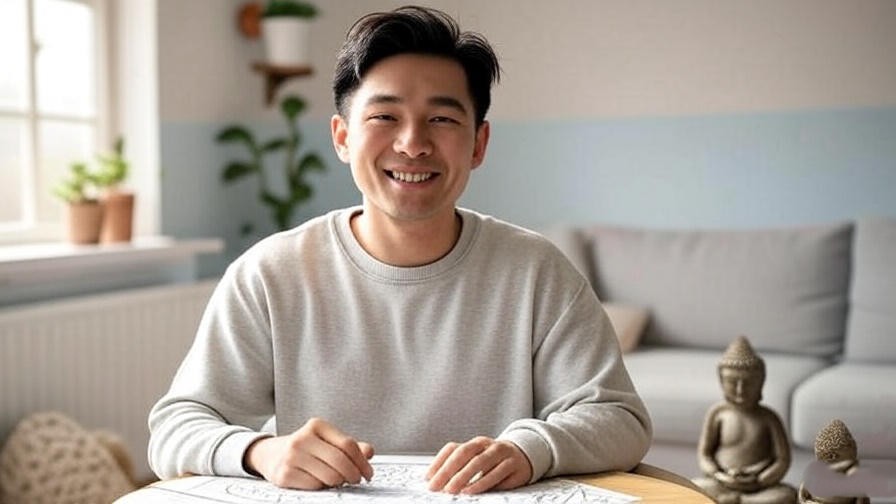 Person coloring a happy birthday page in a peaceful room with natural light.