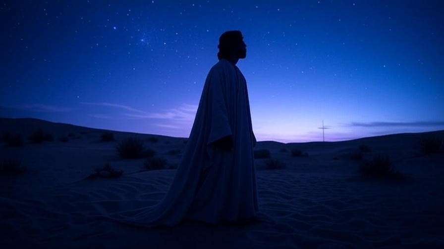 Contemplative figure in a desert under starry sky with cross silhouette.