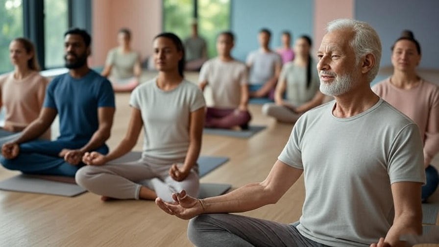 Group meditation session in a wellness center with teacher and natural light.