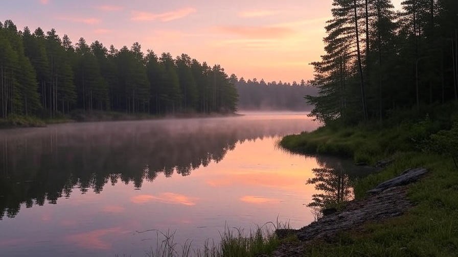 Tranquil sunrise over Timothy Lake with pine forest and mist