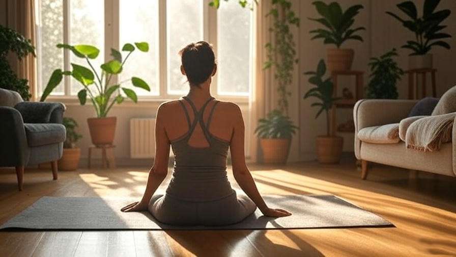 Person practicing yoga in a tranquil living room at early morning with sunlight.