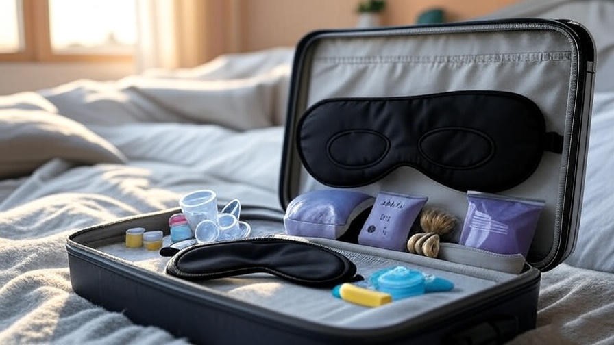 Travel sleep toolkit with earplugs, sleep mask, and lavender sachet on a bed