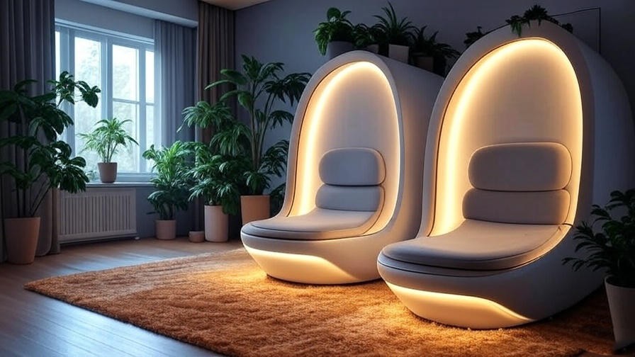 Modern meditation pod with ergonomic seating in a serene home setting with plants and soft lighting.