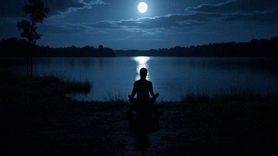 Silhouette of person meditating by lake at night for scripture reflection.