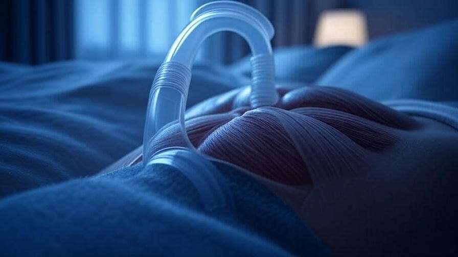 Illustration of obstructive sleep apnea airway blockage in a bedroom setting