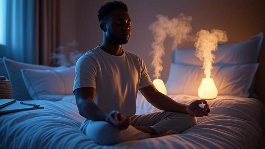 Person meditating with essential oil diffusers for relaxation and sleep