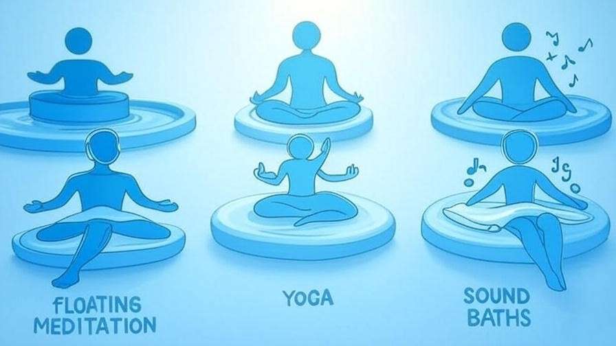 Infographic comparing floating meditation with yoga, massage, and sound baths in a blue and white color scheme.