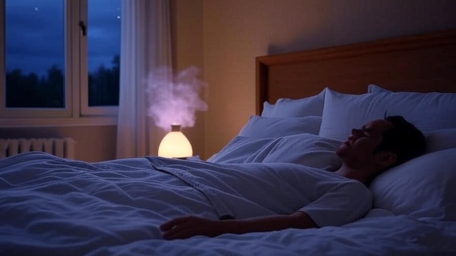 A person relaxing on a bed with a lavender diffuser and moonlit window, illustrating PMR technique.

