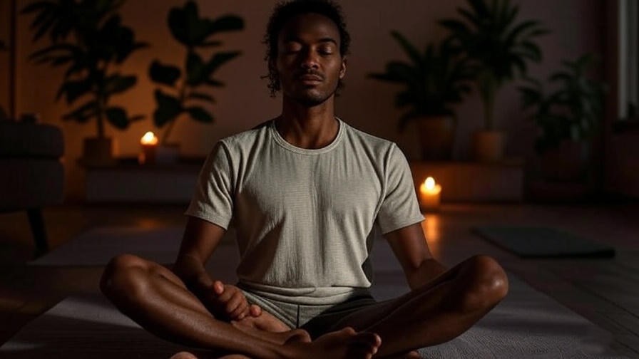 Person practicing naked meditation indoors with candlelight and yoga mat
