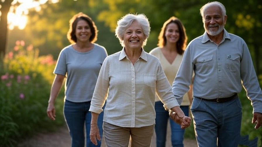 Older woman enjoying a nature walk with family on a lush trail for a mindful birthday outing.