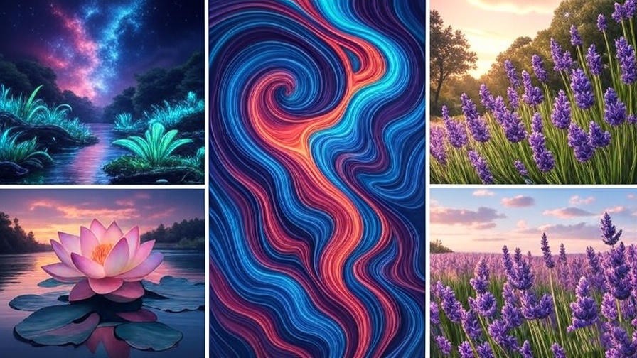 Collage of diverse AI-generated visuals from free Luma AI alternatives for wellness content