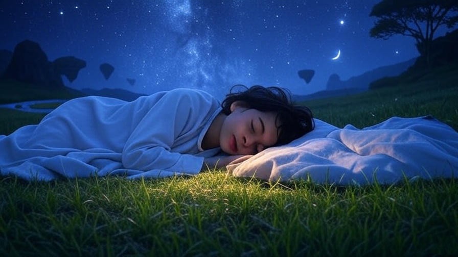 Anime character dreaming under a starry sky with a dreamlike landscape, enhancing dream quality.