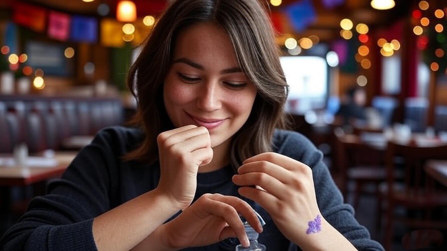 Person using essential oil and enjoying taco and drink at On the Border.
