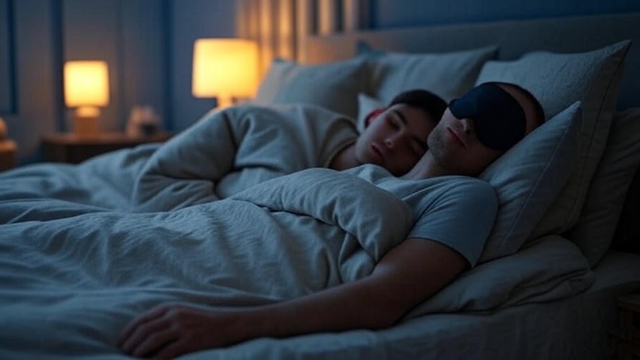 Tranquil bedroom with person using sleep mask and earplugs for comfortable sleep near a stranger